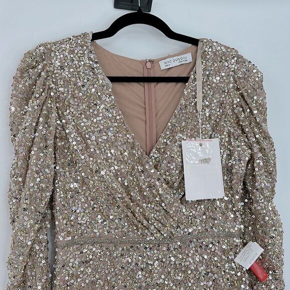 Mac Duggal Shimmering Gold Puff Shoulder Sequined Surplice Gown Dress Size 6 - Picture 2 of 10